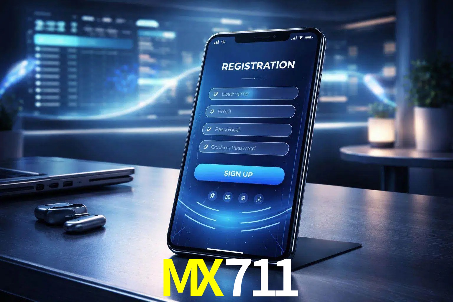 Una interfaz moderna de registro móvil para MX711 mostrada en un smartphone con un panel de apuestas elegante.